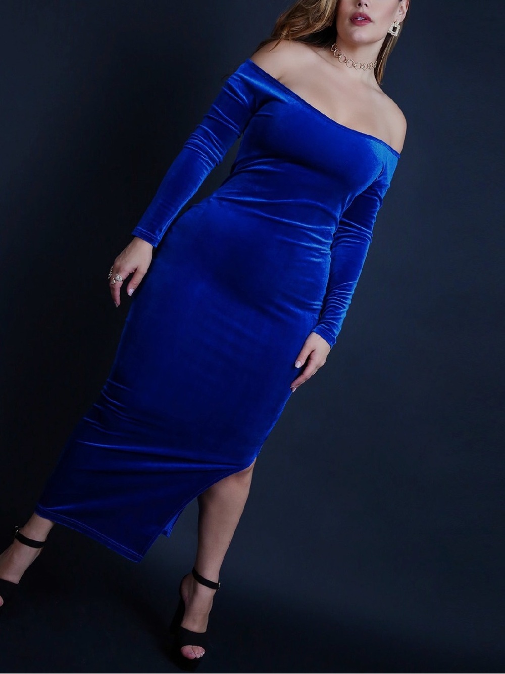 Rebdolls Steal Your Date Velvet Over Shoulder Bodycon Dress Blue 3X (22-24) NWT